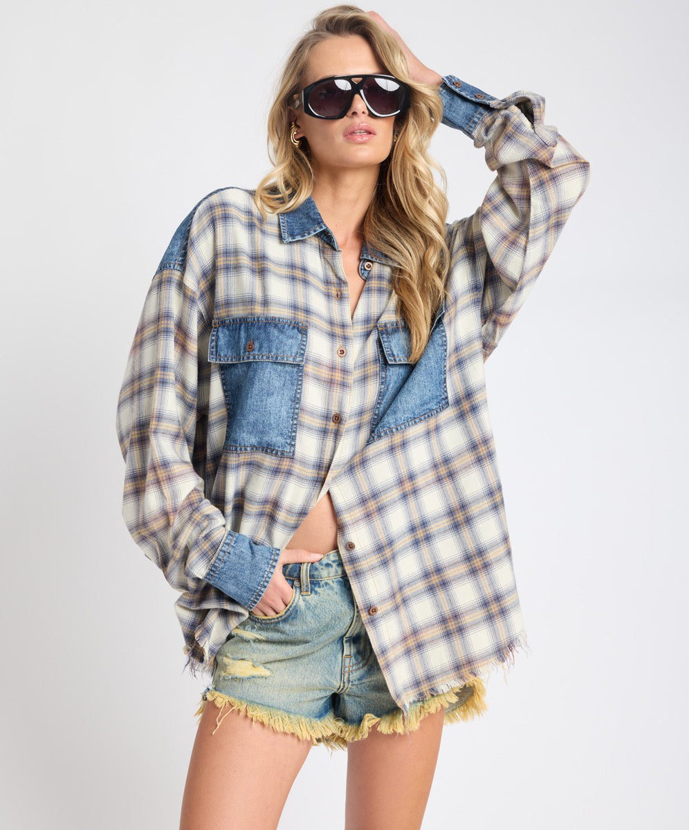 One Teaspoon Oversized Flannel Shirt Blue and White Check