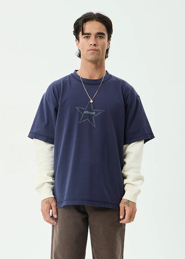 Afends Chains - Heavyweight Layered Waffle Long Sleeve Tee - Washed Deep Sea