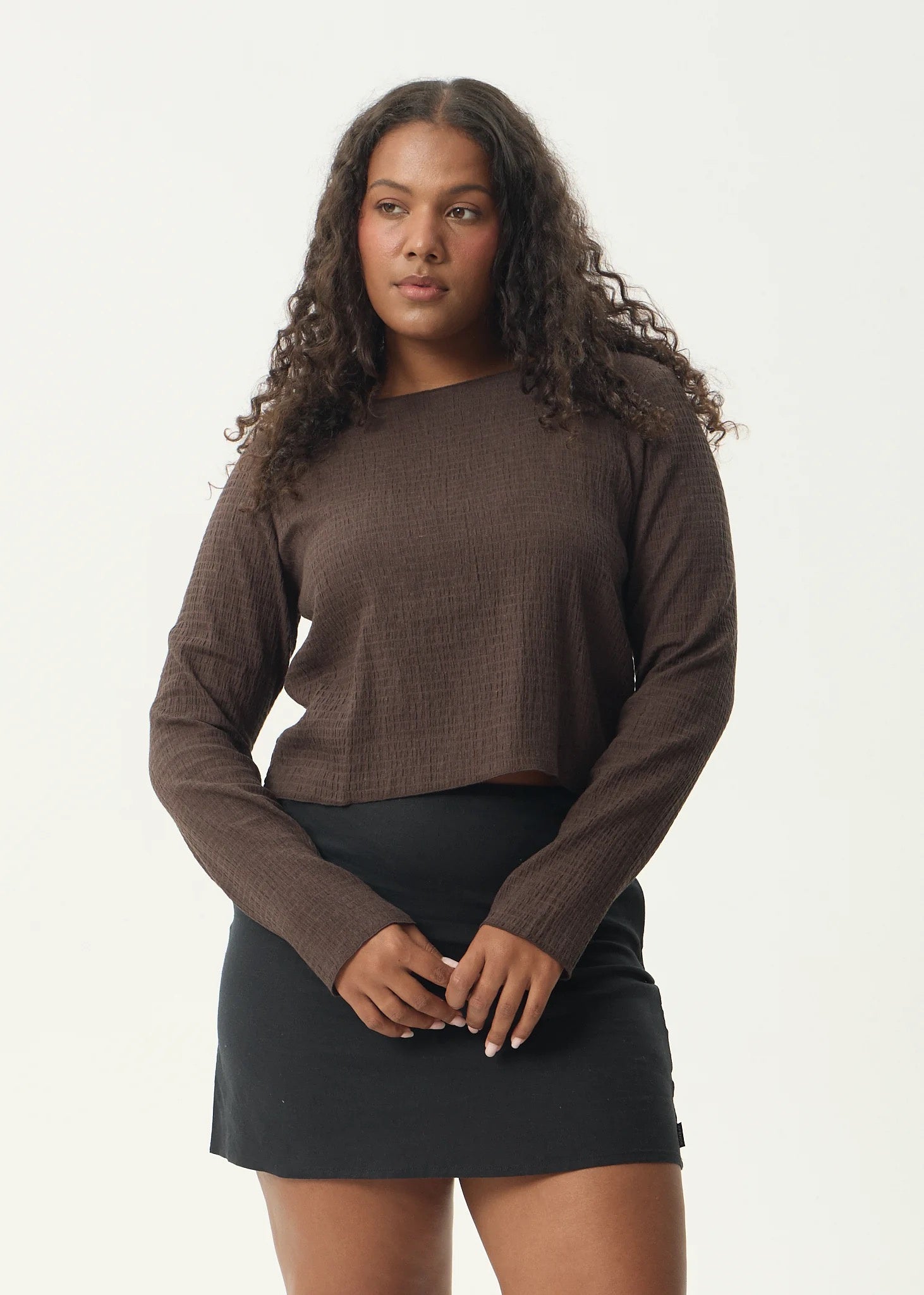 Afends Focus - Seersucker Long Sleeve Top - Coffee