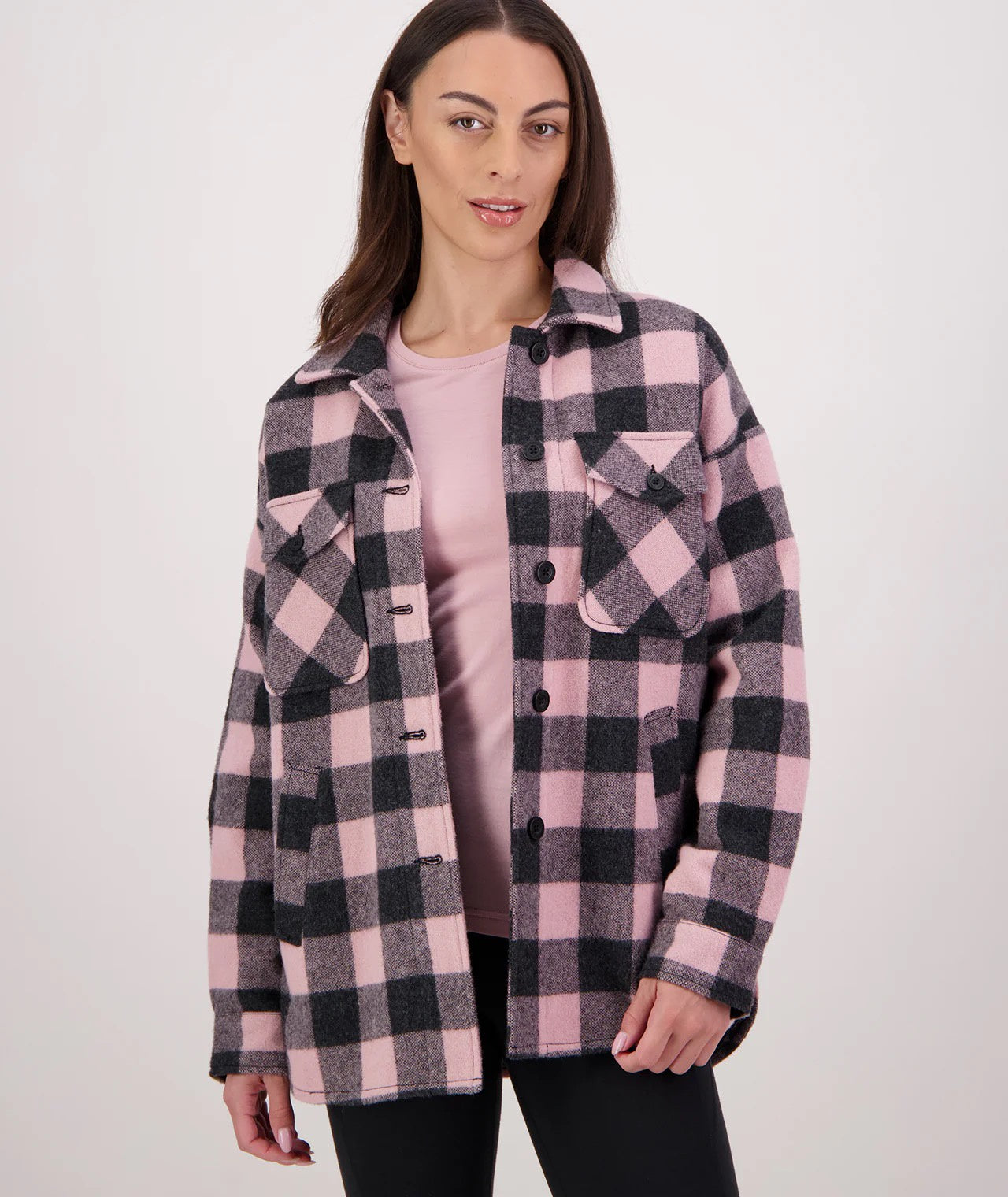 Swanndri Anchorage V3 Womens Wool Shacket Pink Salt/Charcoal Check