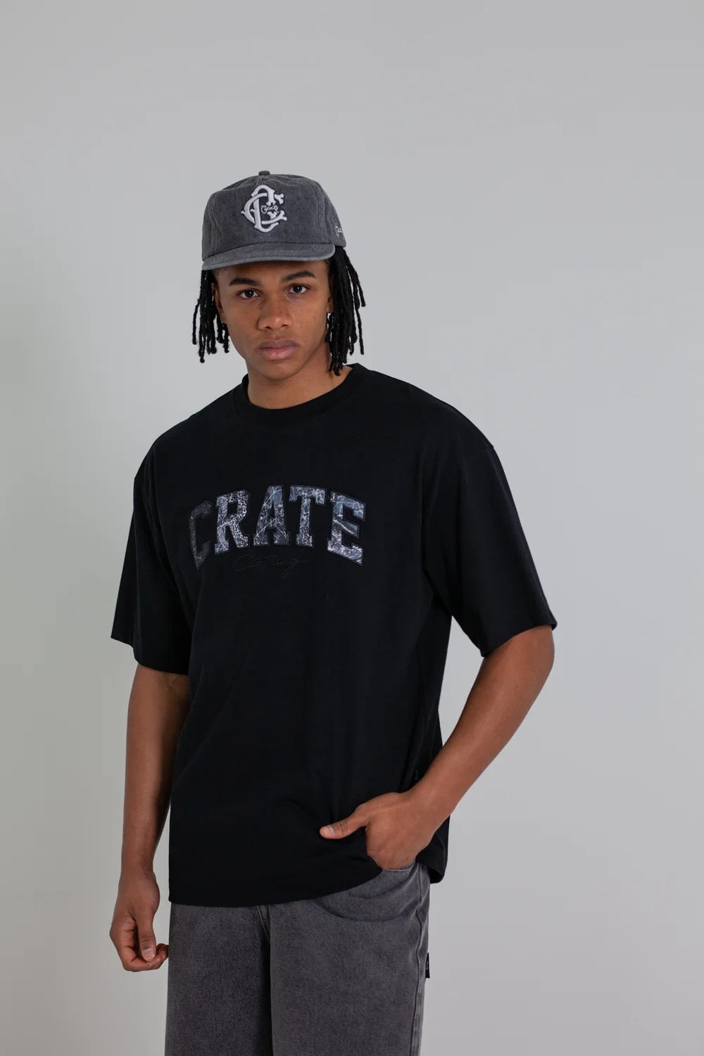 Crate Varsity Box Fit T-Shirt Black/Tree Camo