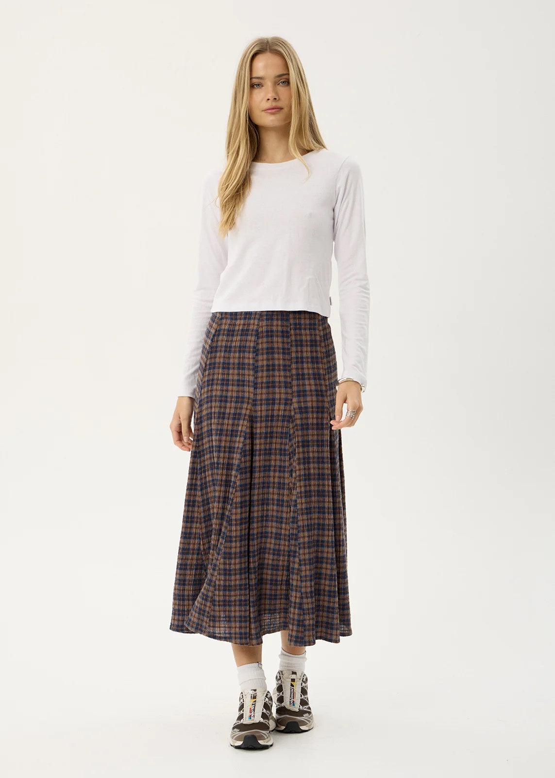 Afends Lana Seersucker Midi Skirt Shev Indigo Check