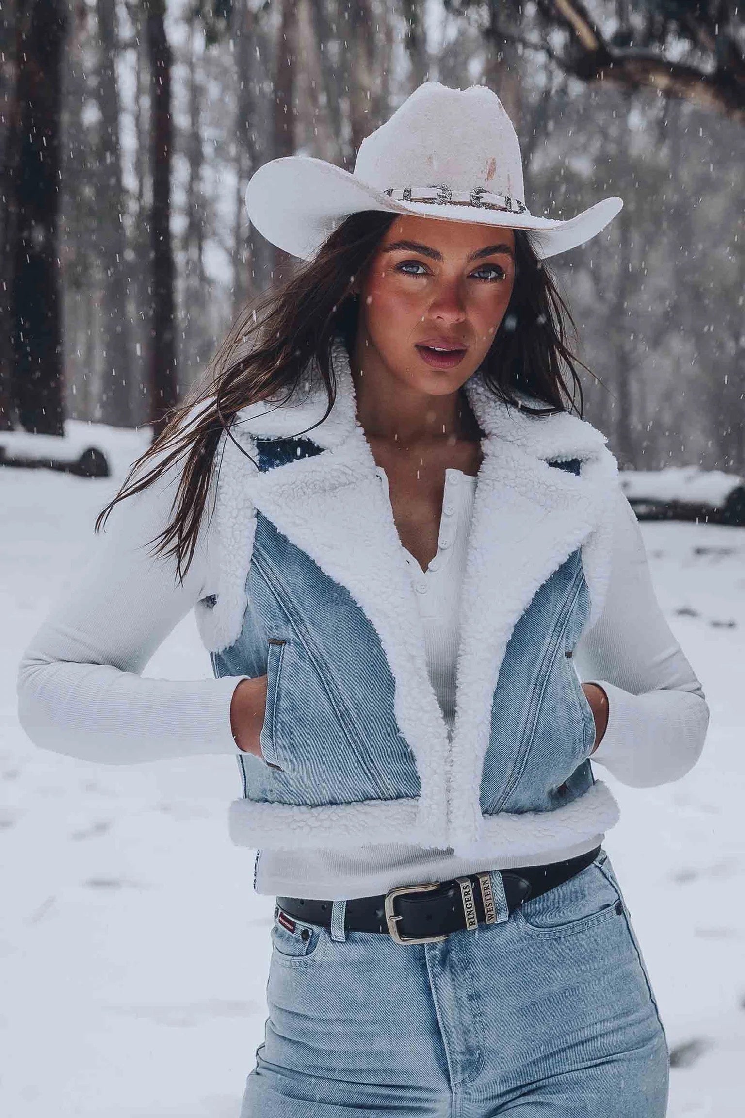 Ringers Western Amaya Womens Denim Sherpa Vest Vintage Light Blue / Dark Mid Blue