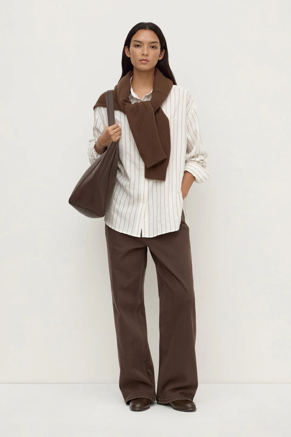 Assembly Maeve Longline Shirt Taupe Cream Stripe