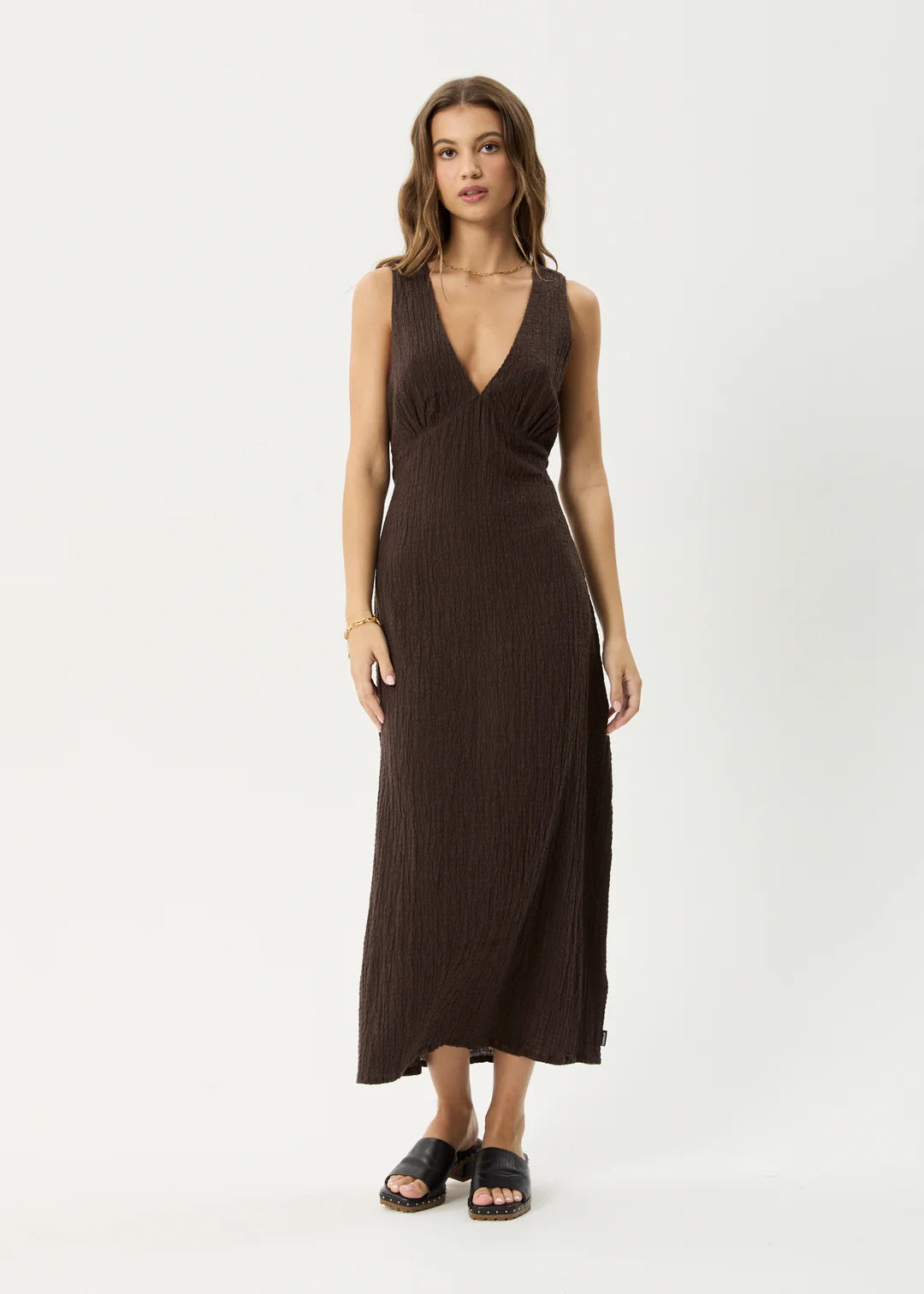 Afends Focus Seersucker Maxi Dress Coffee