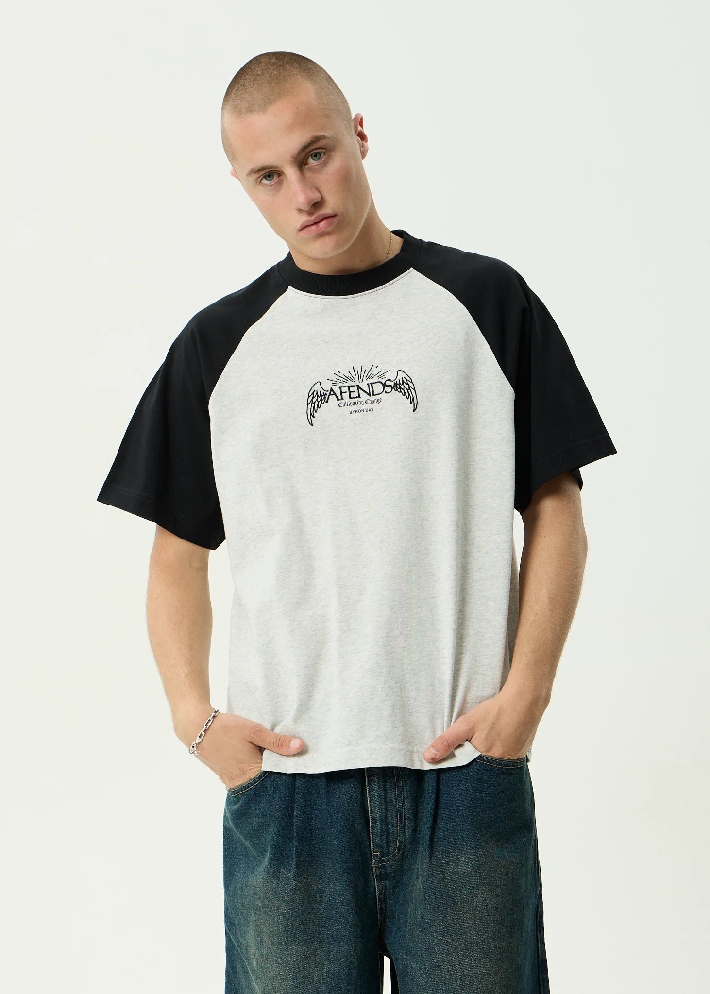 Afends Wings - Heavyweight Raglan Tee - Grey Marle
