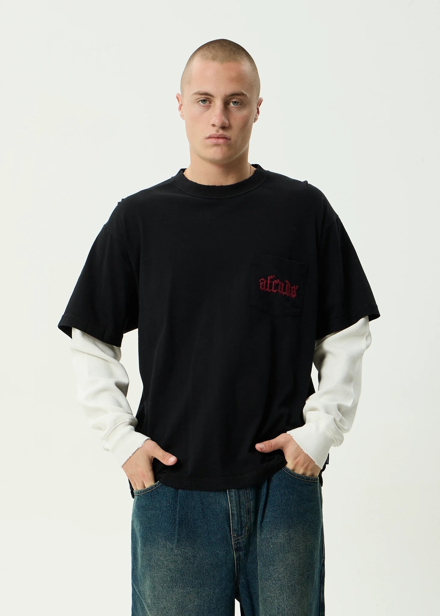 Afends Drop Zone - Layered Waffle Boxy Tee - Black
