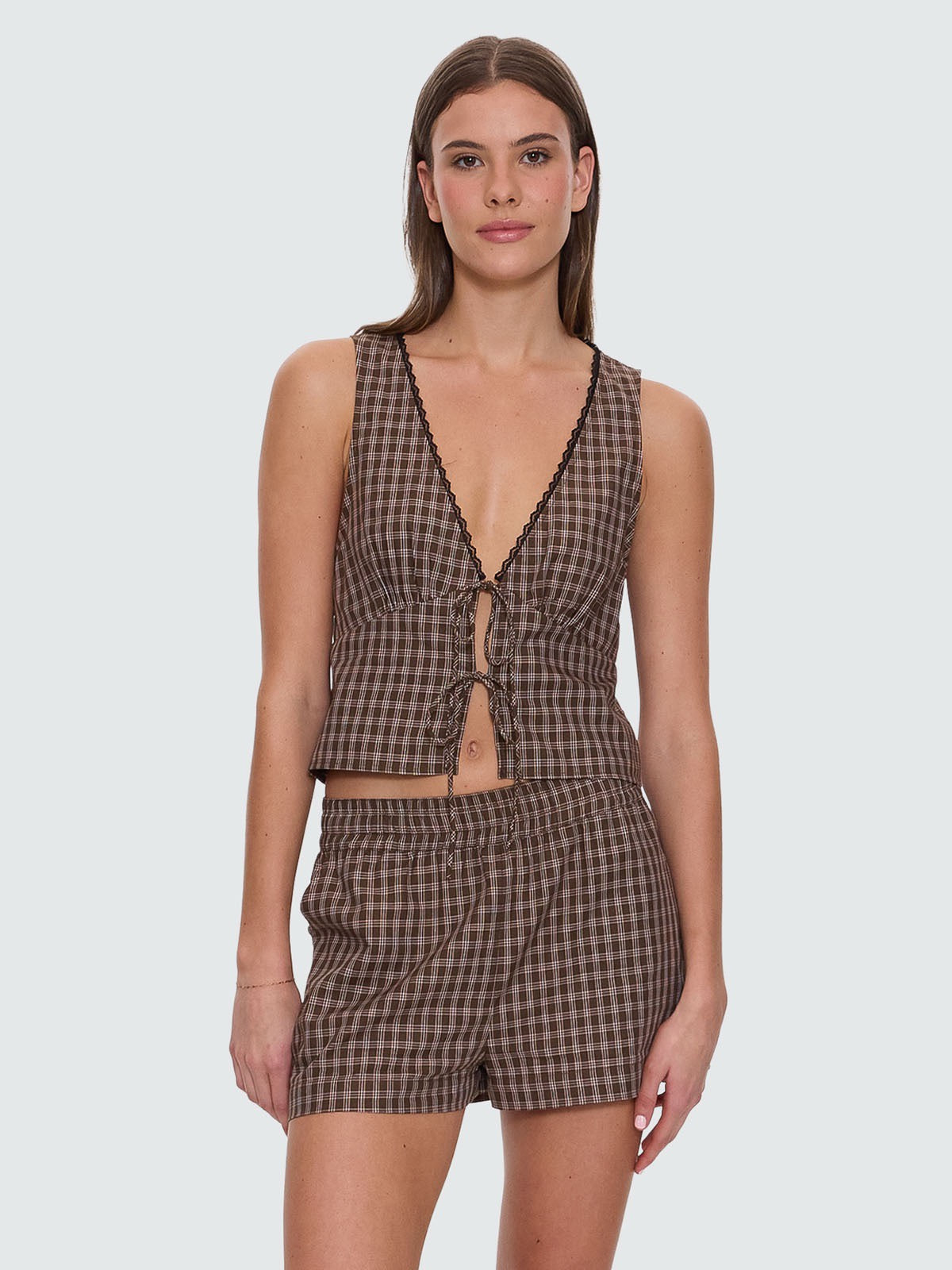 Thrills State Of Mind Check Top Postal Brown