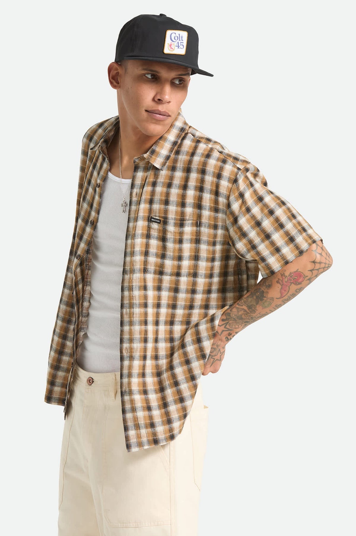 Brixton Cru Linen Blend Plaid S/S Black/Tobacco Plaid