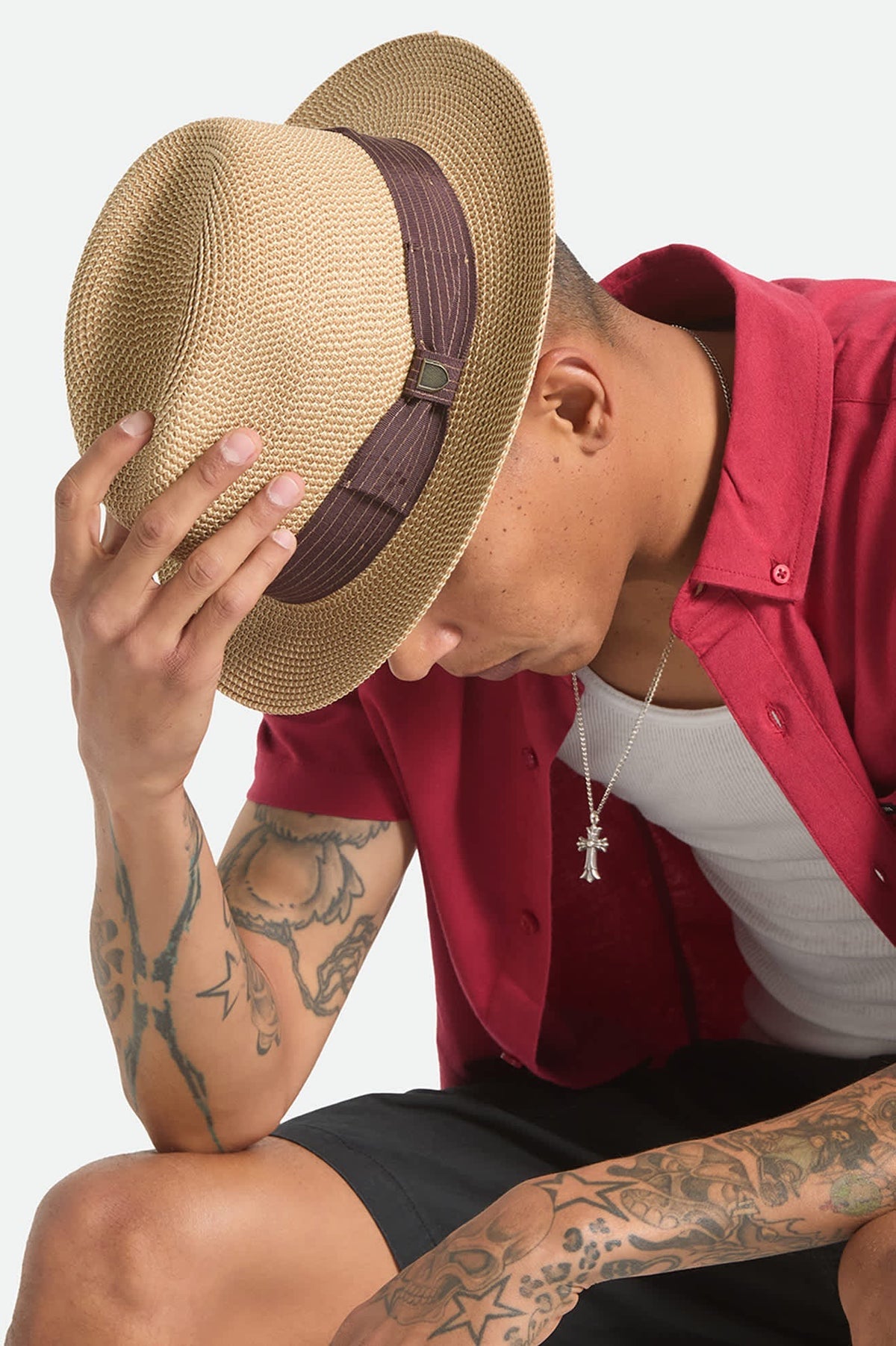 Brixton Roma Straw Packable Fedora Multi Brown/Chocolate
