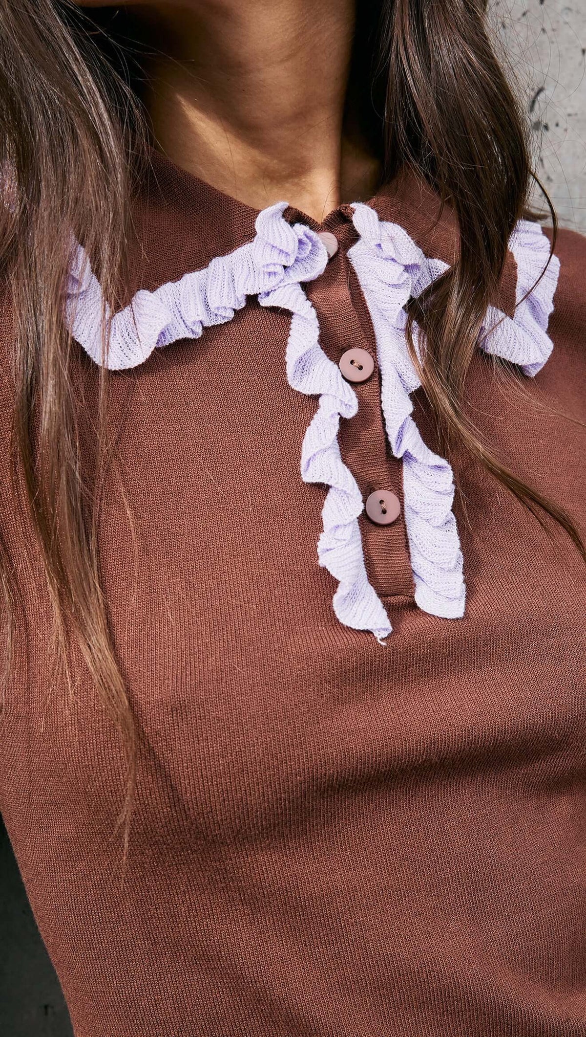 Mink Pink Rhea Ruffle Collar Polo Knit Choc