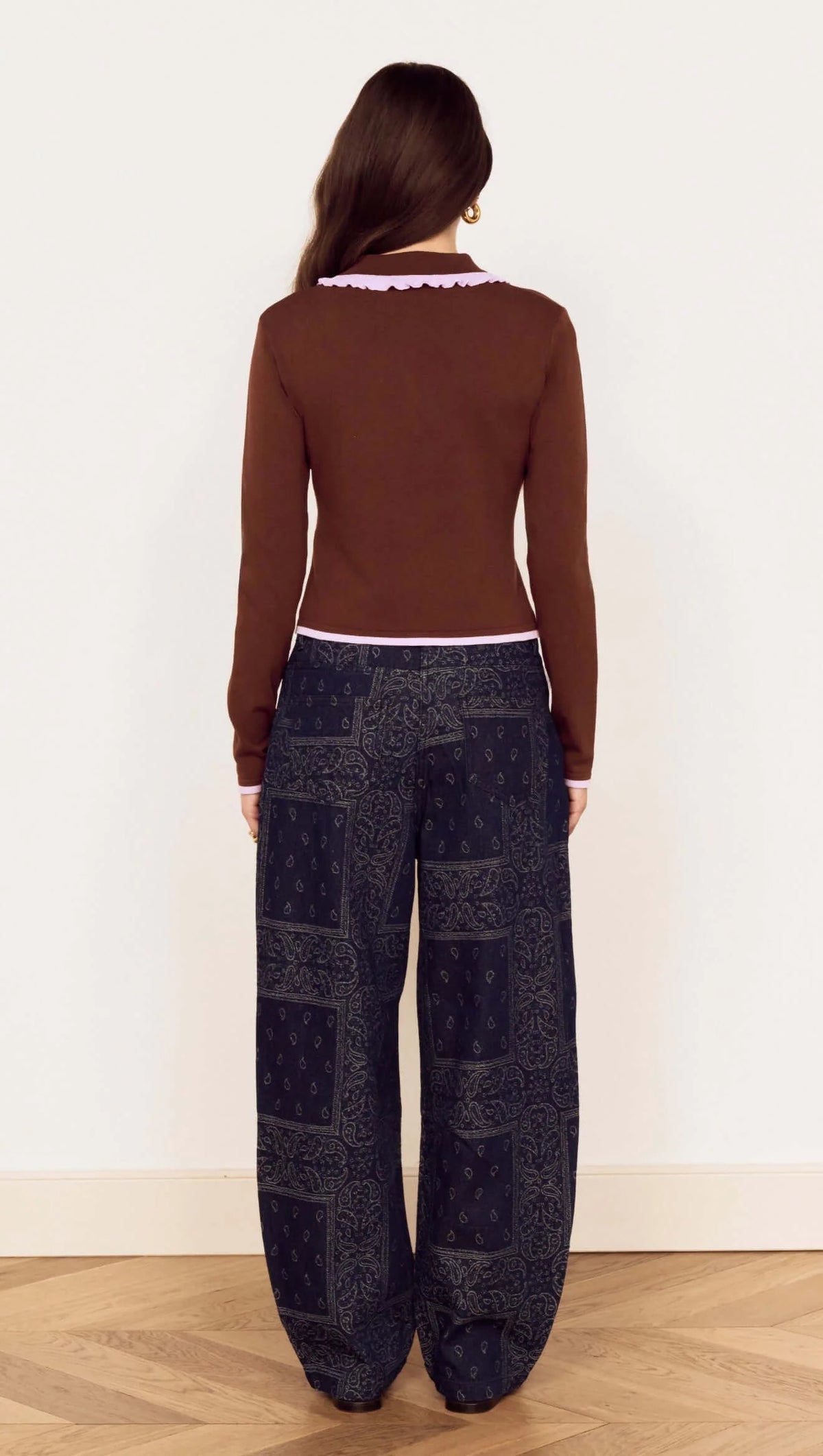 Mink Pink Rhea Ruffle Collar Polo Knit Choc