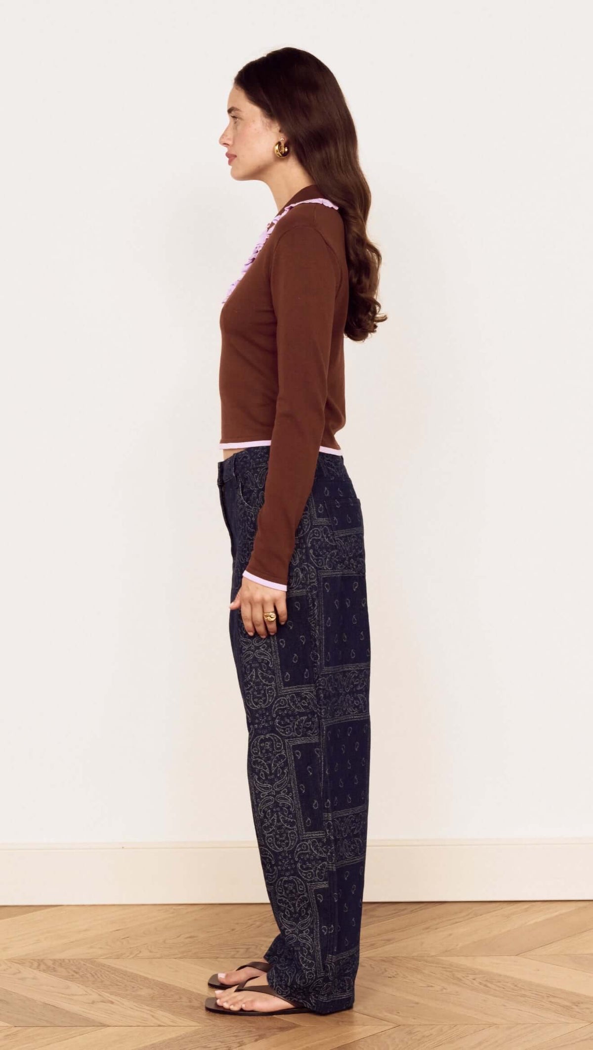 Mink Pink Rhea Ruffle Collar Polo Knit Choc