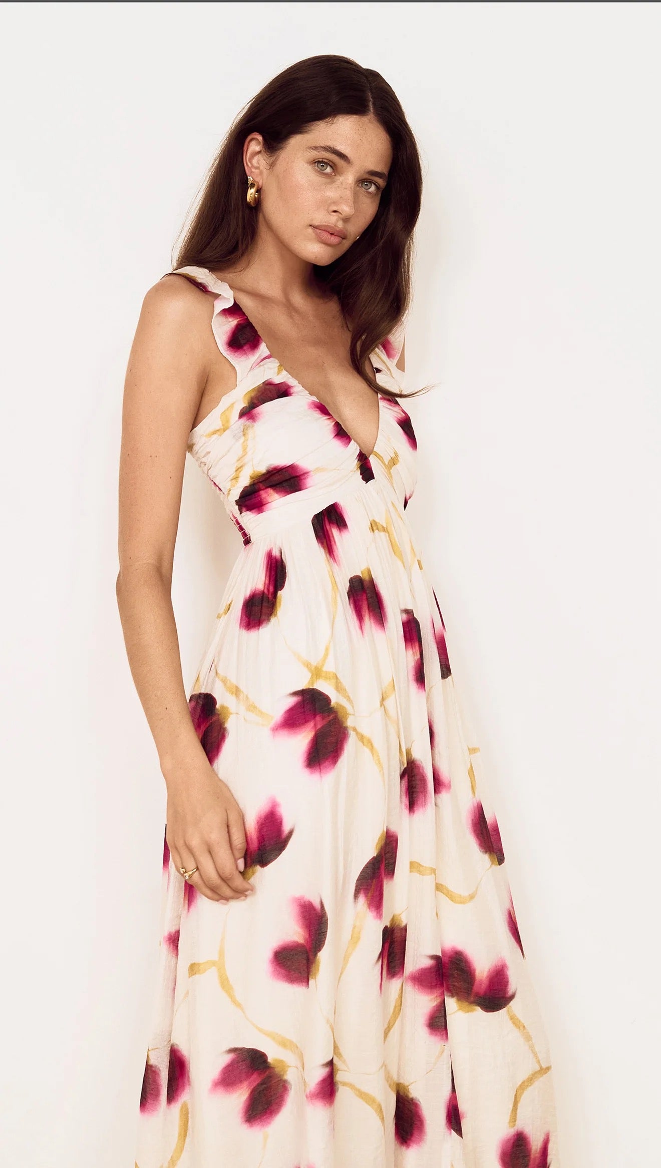 Mink Pink Emery Ruffled Bias Maxi Dress Floral