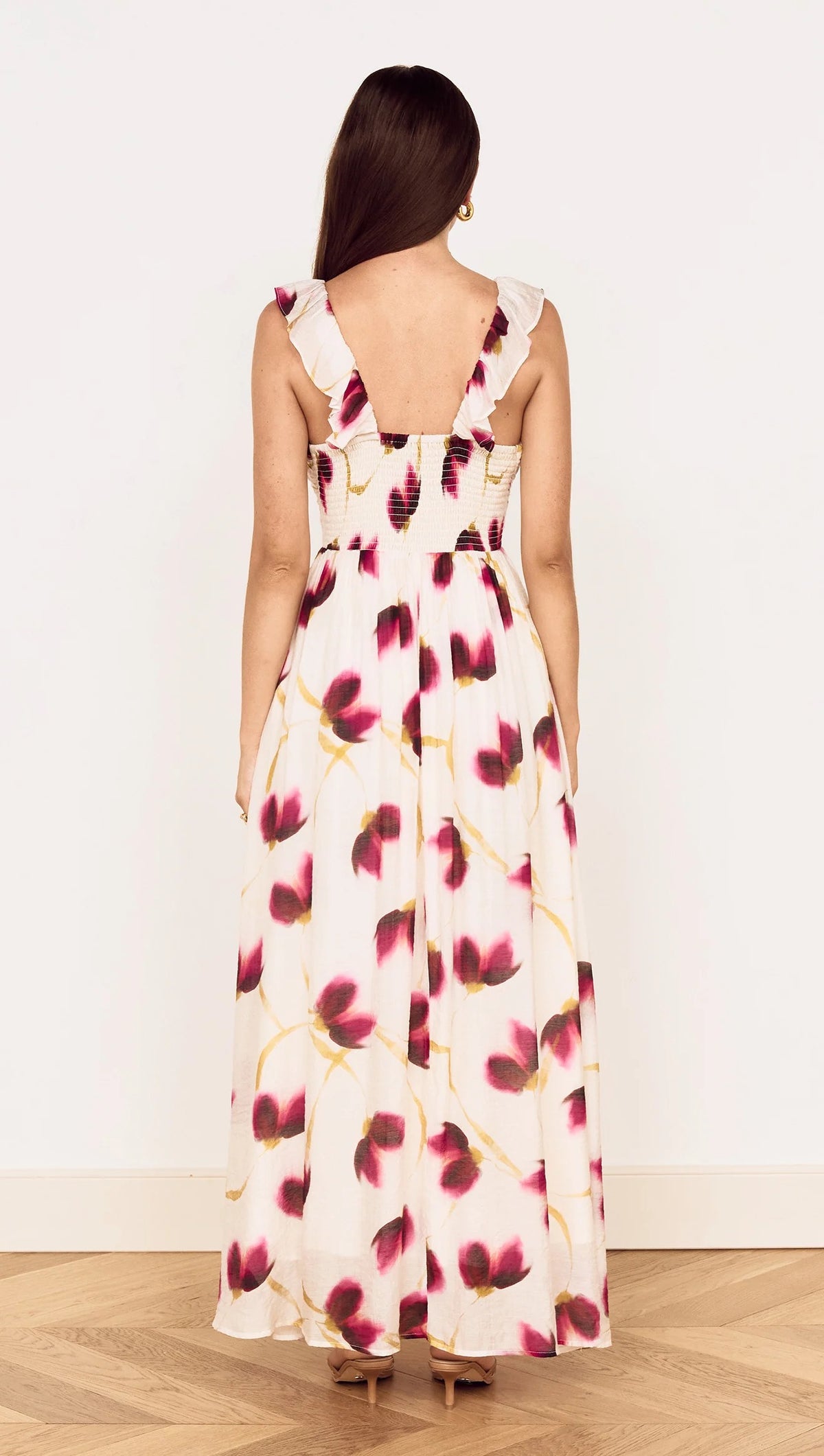 Mink Pink Emery Ruffled Bias Maxi Dress Floral
