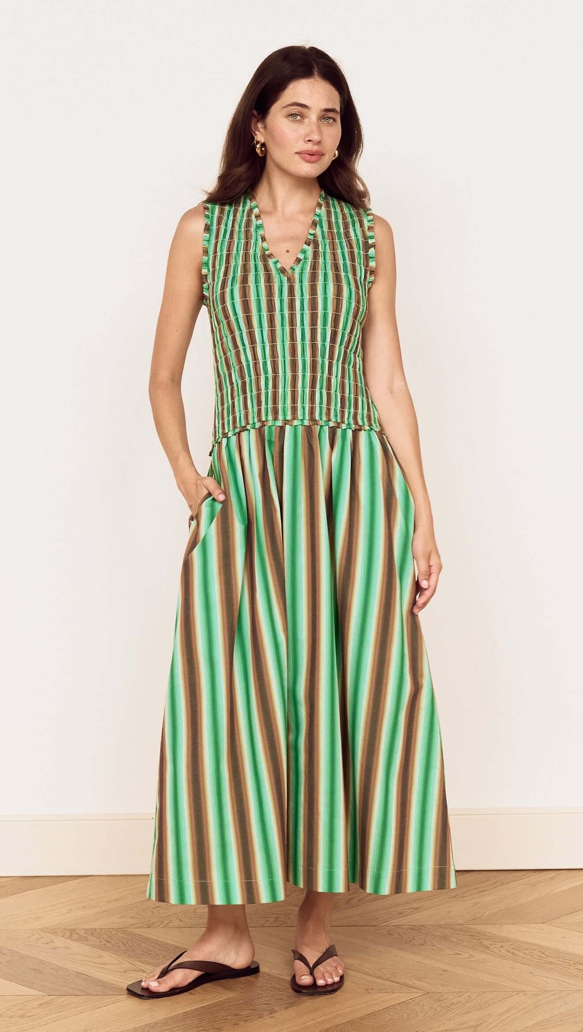 Mink Pink Rue Shirred Midi Dress Stripe