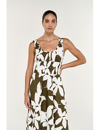 Staple the Label Liora Shirred Midi Dress Khaki/Cream