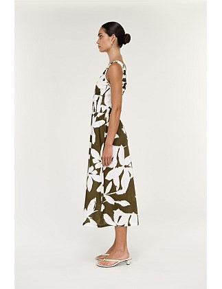 Staple the Label Liora Shirred Midi Dress Khaki/Cream
