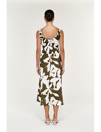 Staple the Label Liora Shirred Midi Dress Khaki/Cream