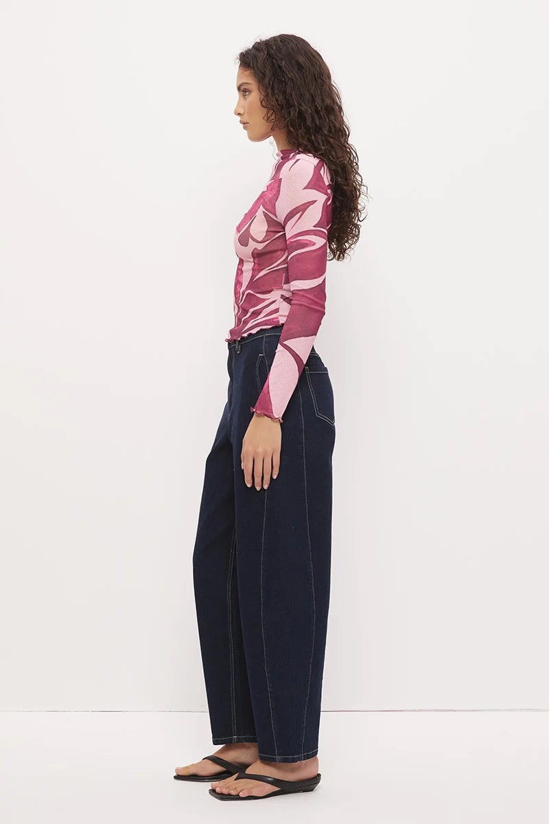 Mon Renn Peta Mock Neck Top Painterly Floral