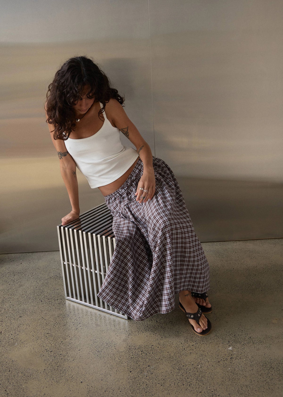 Afends Marlow - Midi Skirt Brown / Blue Check