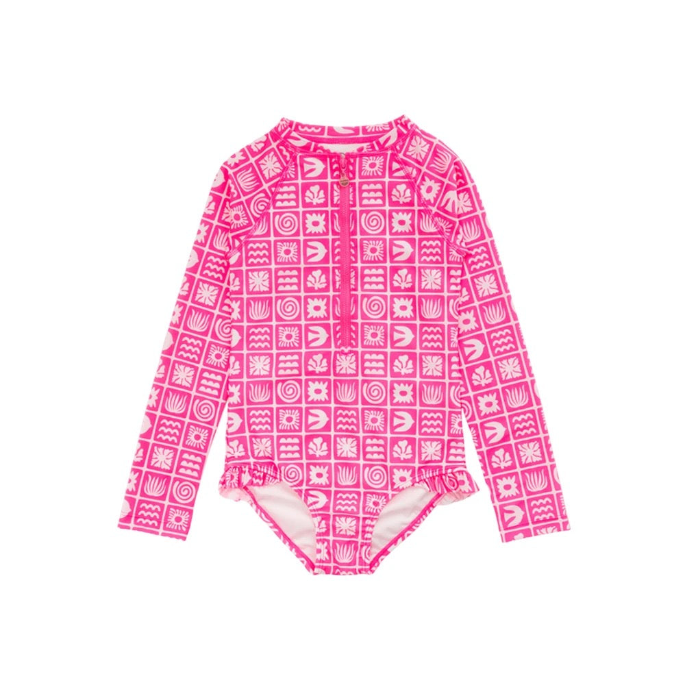 Nestling Neon Sleeved Girls Swimsuit - Neon Pink Retro Surf