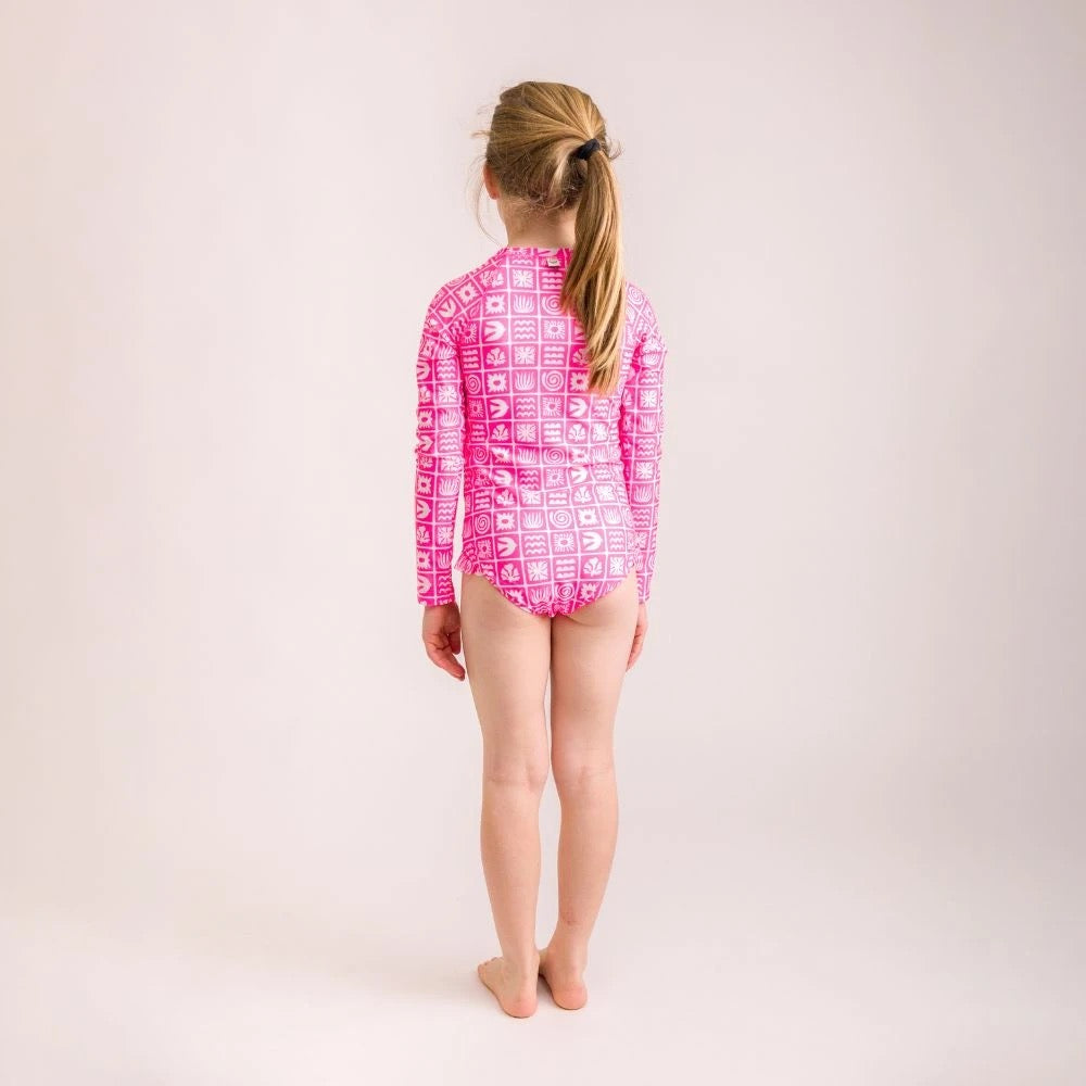 Nestling Neon Sleeved Girls Swimsuit - Neon Pink Retro Surf