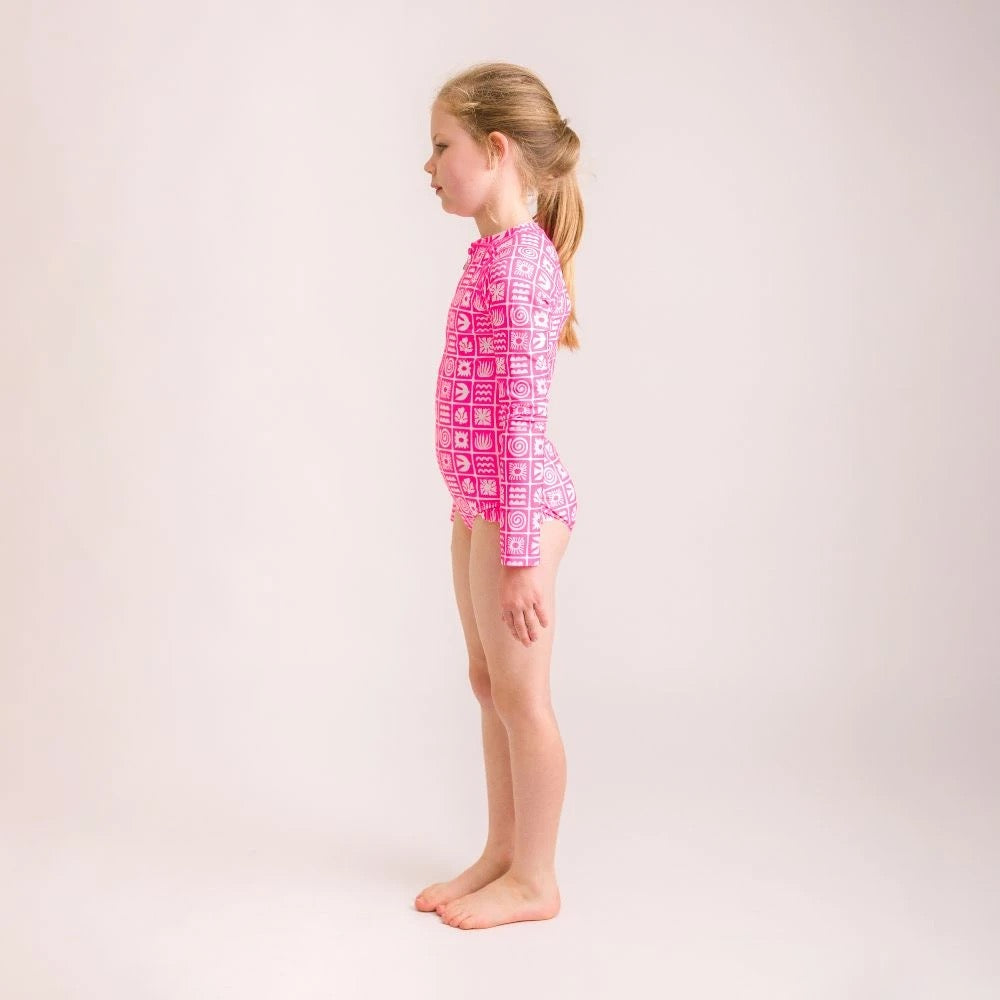 Nestling Neon Sleeved Girls Swimsuit - Neon Pink Retro Surf