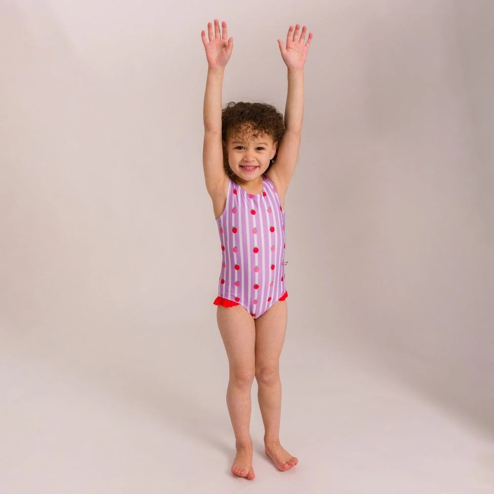 Nestling Neon Girls Swimsuit - Striped Raspberries