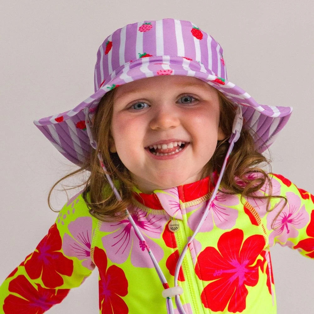 Nestling Neon Swim Bucket Hat - Striped Raspberries