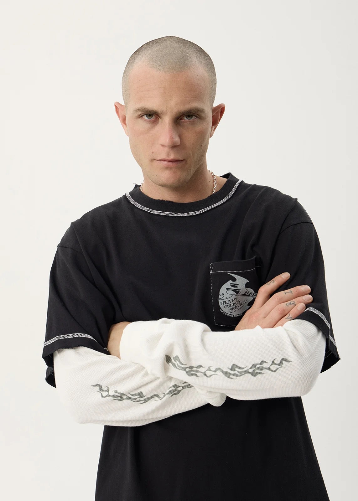 Afends Heavy Parts Layered Waffle Long Sleeve Tee - Stone Black