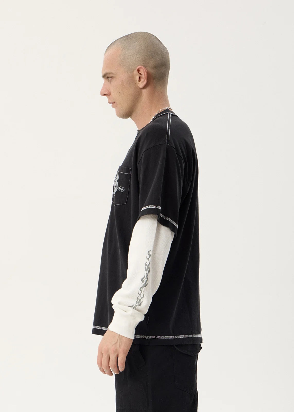 Afends Heavy Parts Layered Waffle Long Sleeve Tee - Stone Black