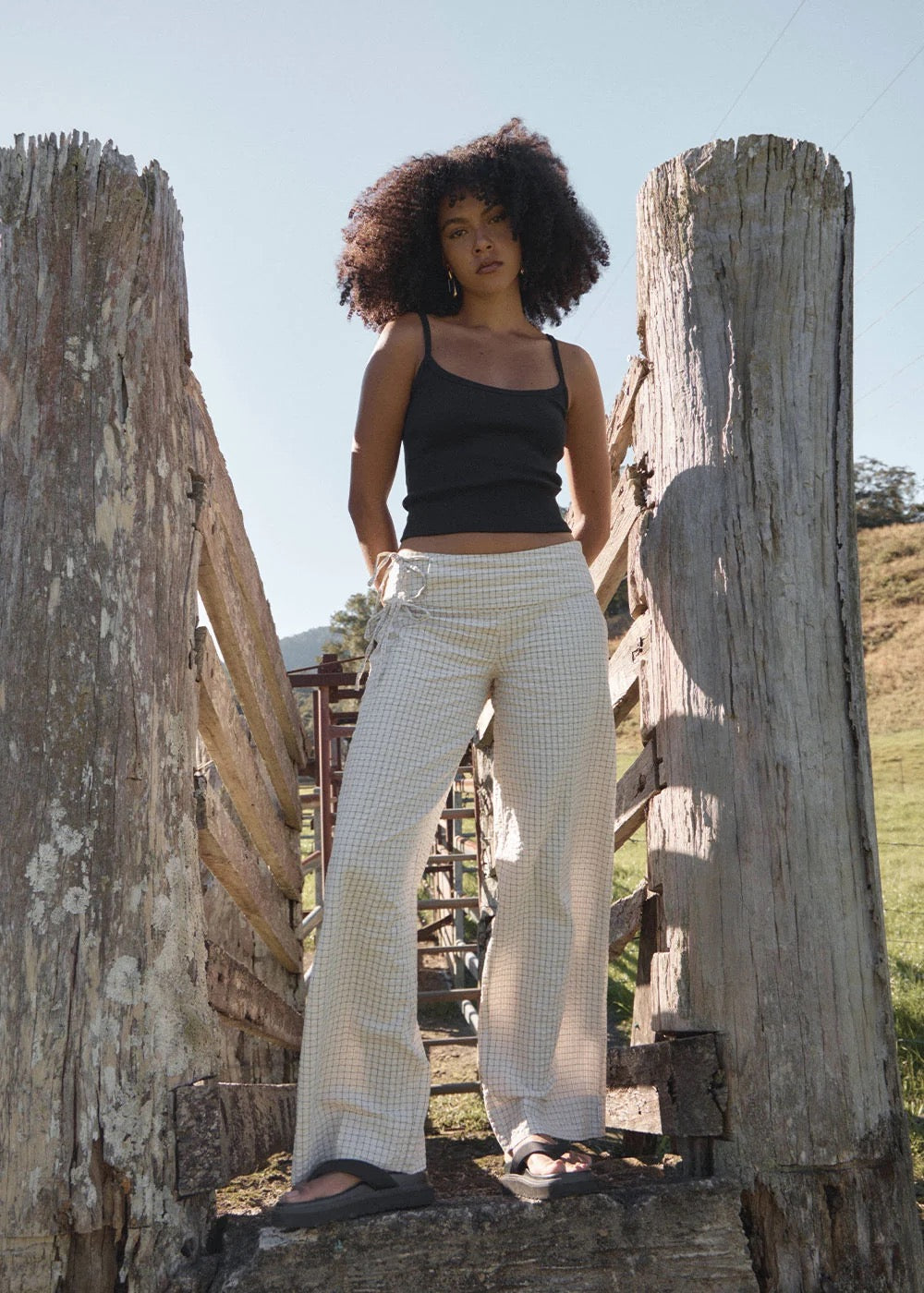 Afends Sofia Reverb Organic Wide Leg Pant Moonbeam Check