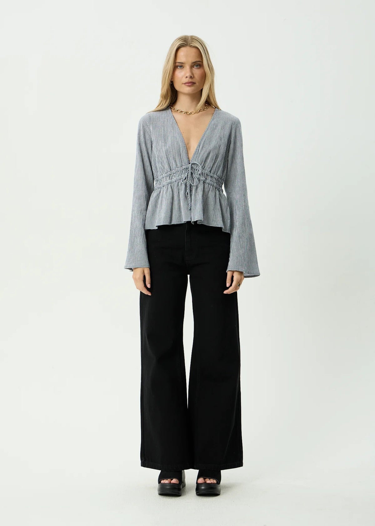 Afends Annika Indy Recycled Long Sleeve Top Indy Navy Check