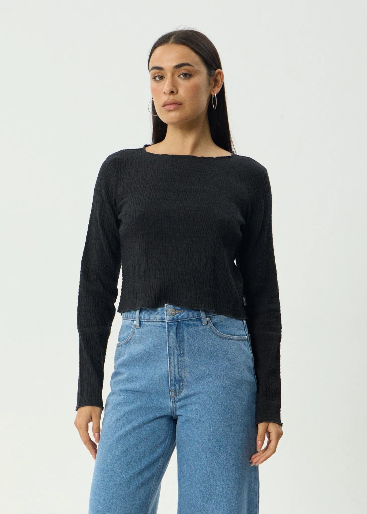Afends Focus Seersucker Long Sleeve Top Black