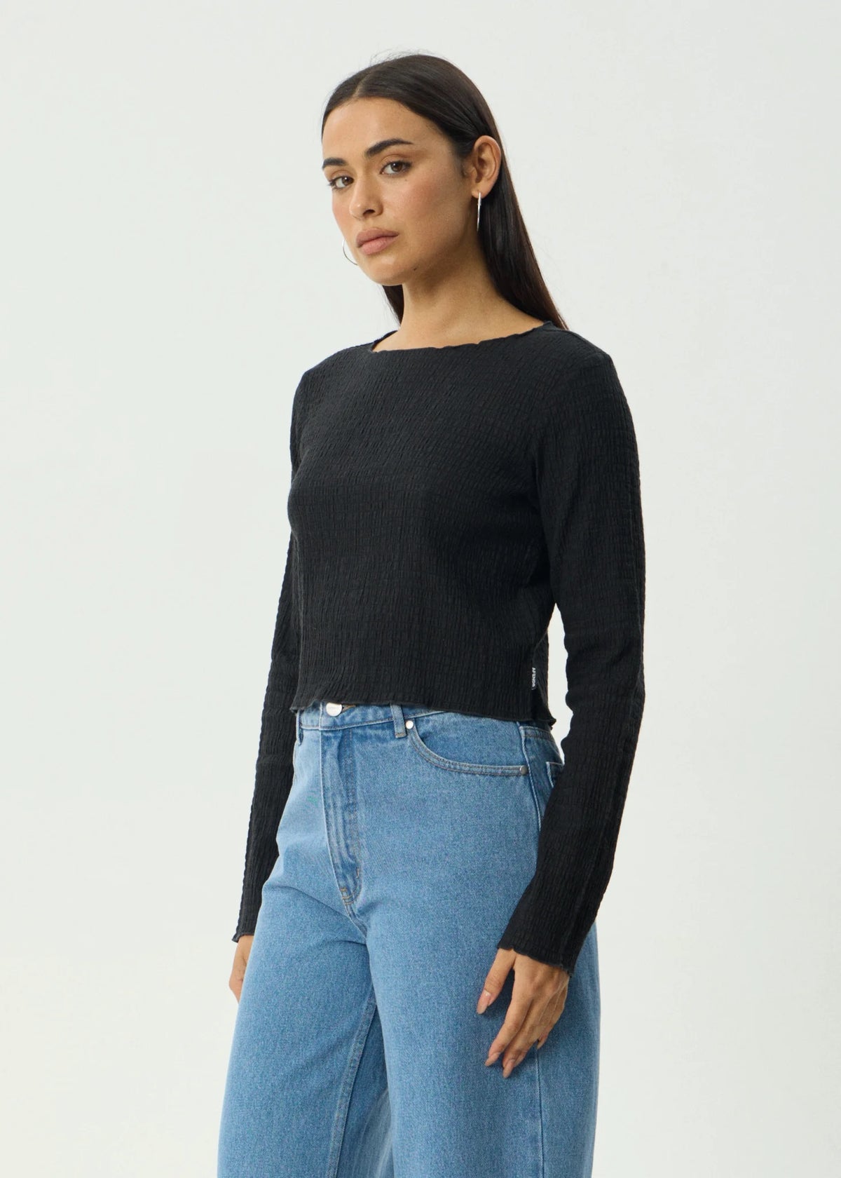 Afends Focus Seersucker Long Sleeve Top Black