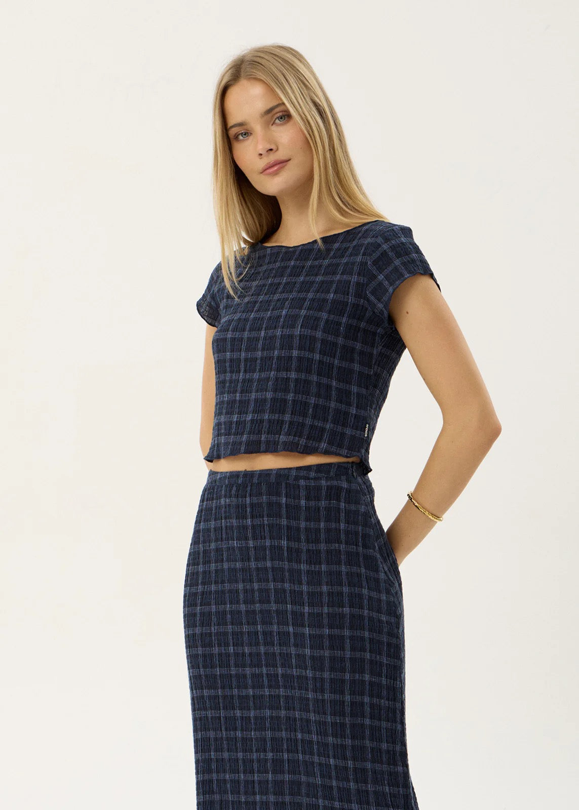 Afends Darcy Thea Hemp Seersucker Top Midnight Check