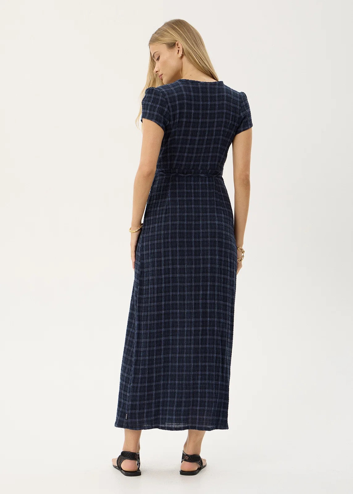 Afends Felicity Thea Hemp Seersucker Maxi Dress Midnight Check