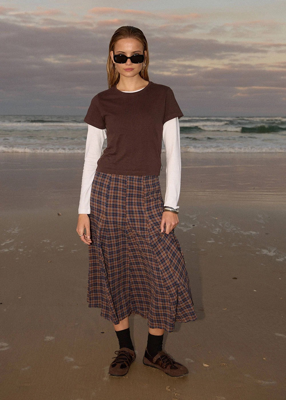 Afends Lana Seersucker Midi Skirt Shev Indigo Check