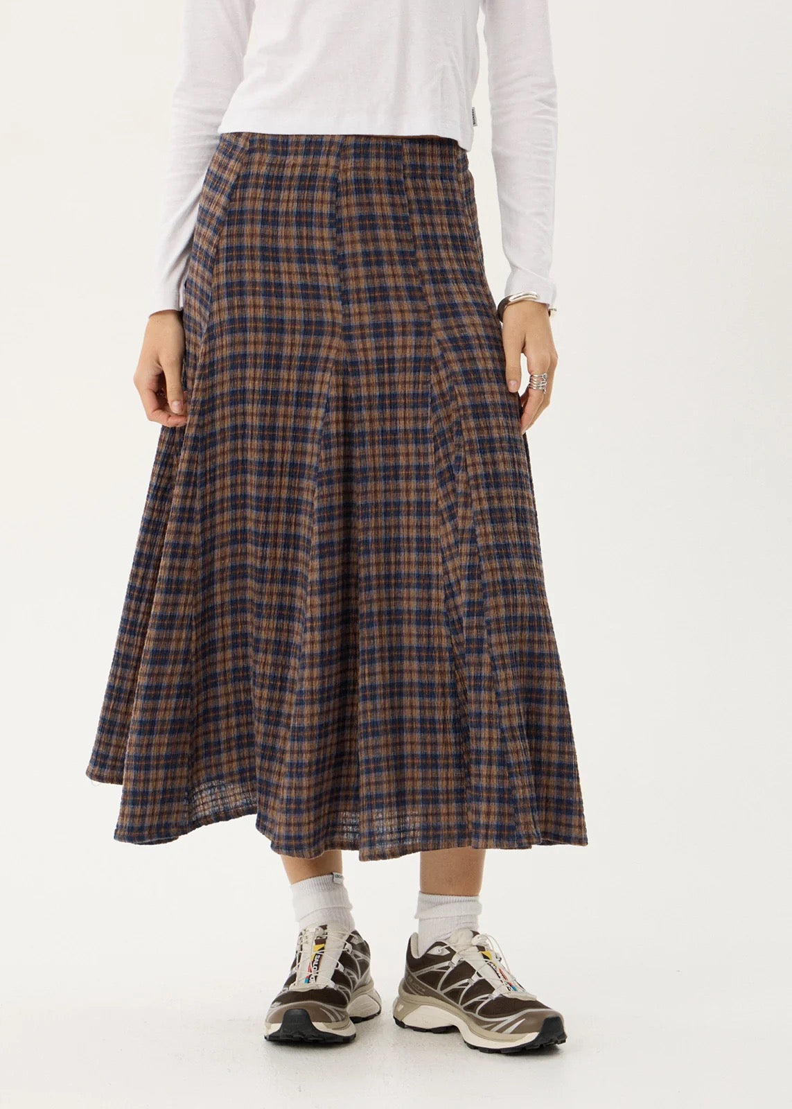 Afends Lana Seersucker Midi Skirt Shev Indigo Check