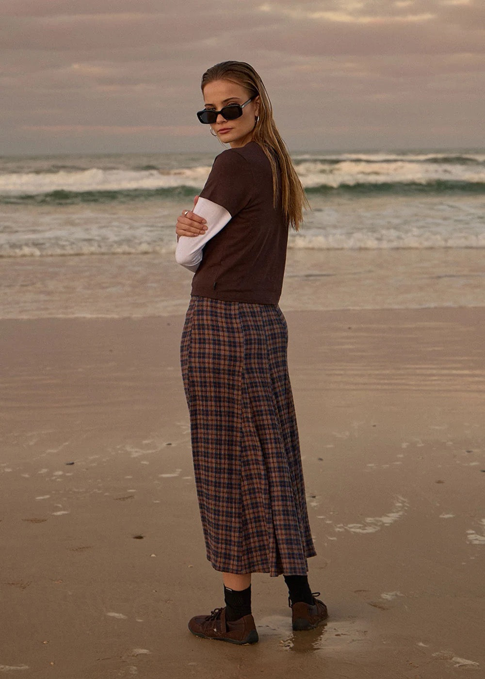 Afends Lana Seersucker Midi Skirt Shev Indigo Check