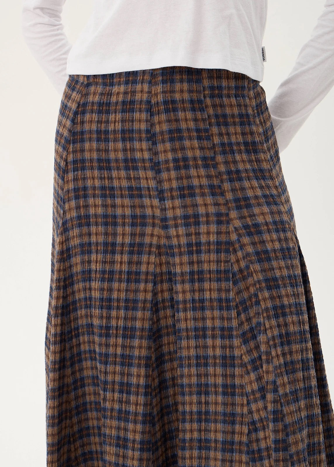 Afends Lana Seersucker Midi Skirt Shev Indigo Check