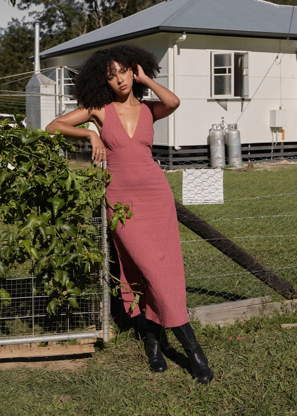Afends Tully Seersucker Maxi Dress Indy Rose Check