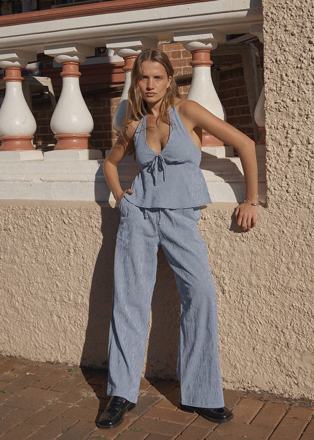 Afends Delfina Halter Top Indy Navy Check