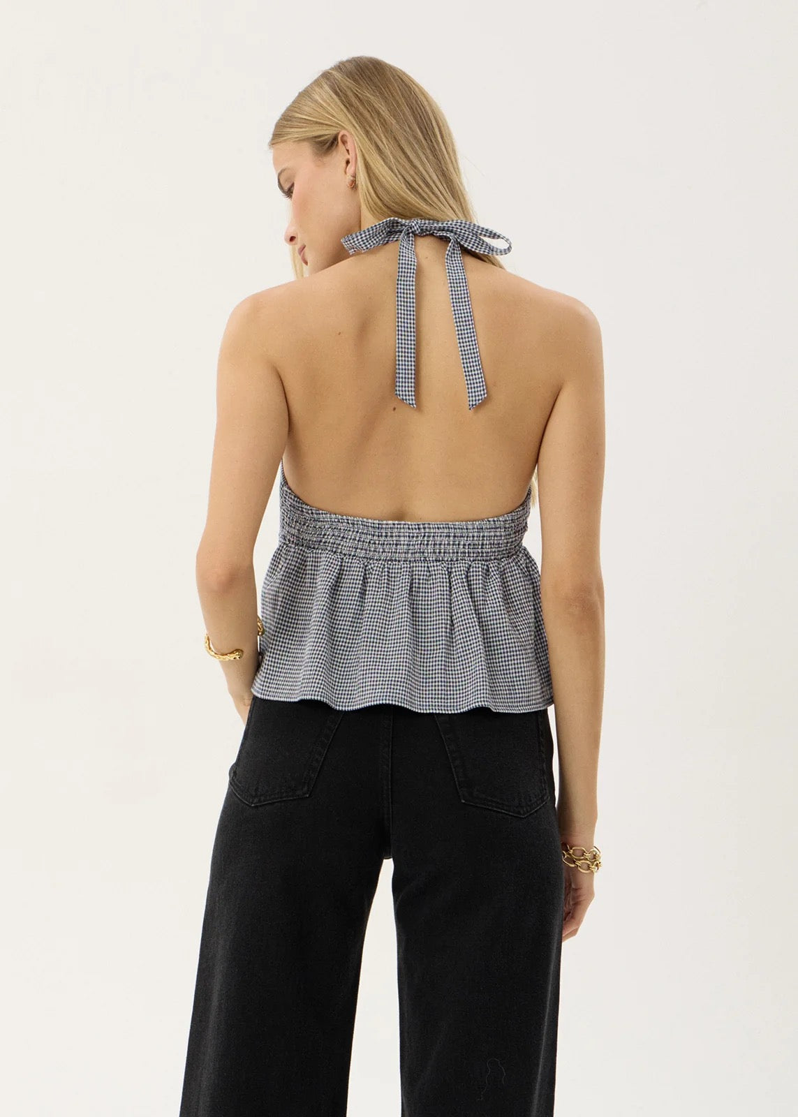 Afends Delfina Halter Top Indy Navy Check