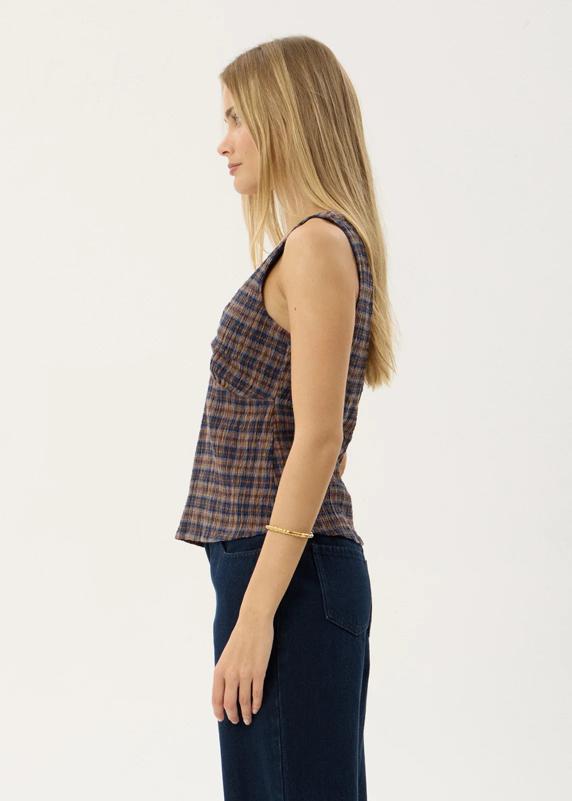 Afends Giselle Seersucker Top Shev Indigo Check