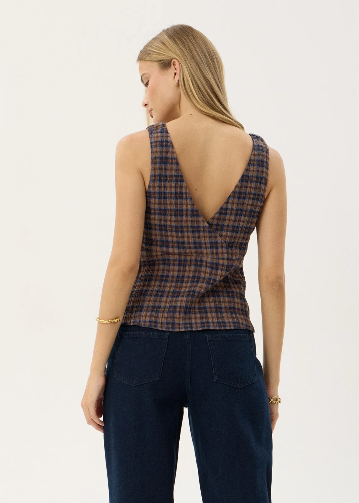 Afends Giselle Seersucker Top Shev Indigo Check