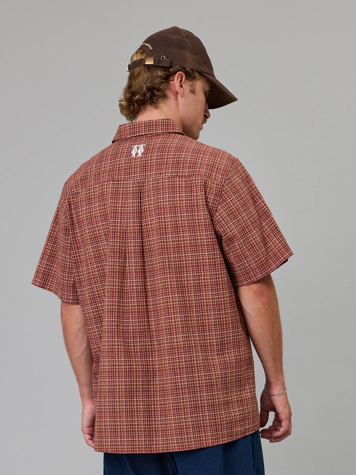 Just Another Fisherman Smoke Fish Deli SS Shirt- Maroon Check