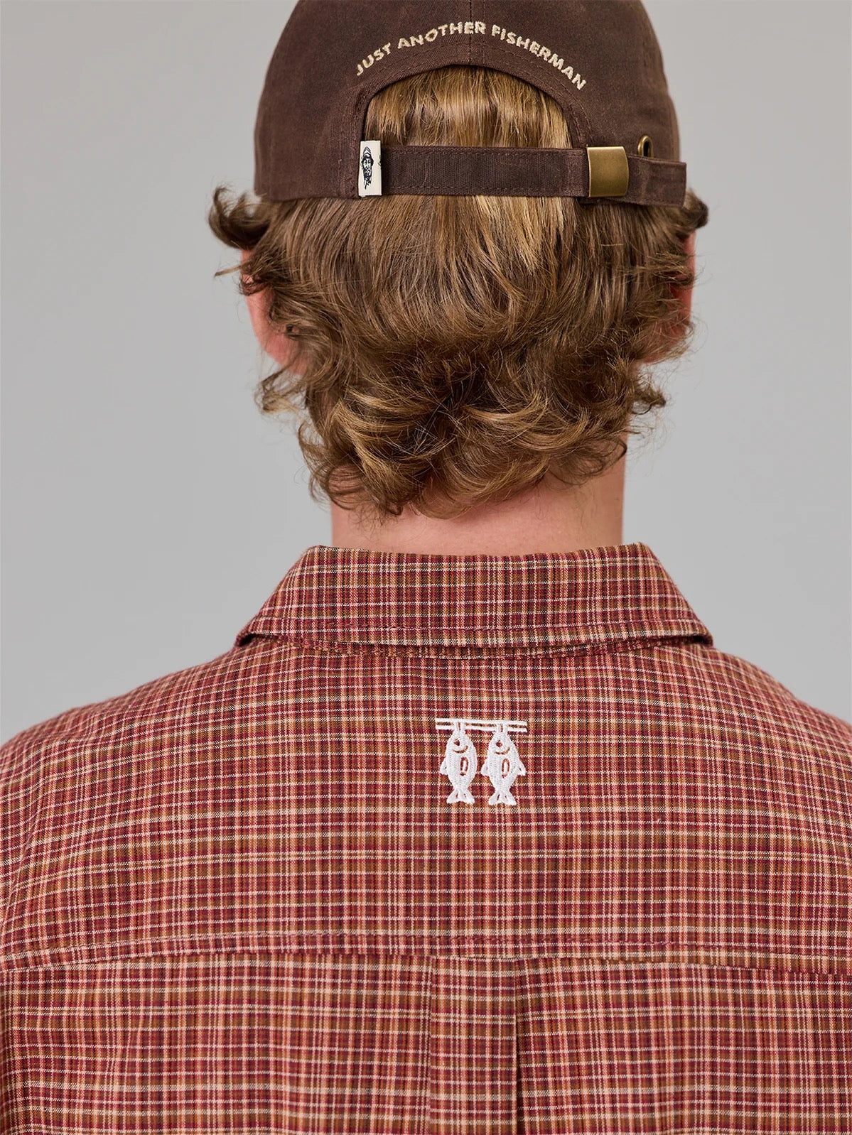 Just Another Fisherman Smoke Fish Deli SS Shirt- Maroon Check