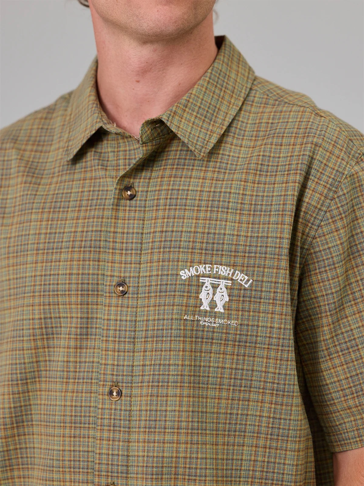 Just Another Fisherman Smoke Fish Deli SS Shirt- Green Check